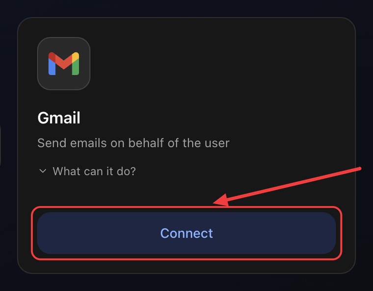 Gmail card in the Integrations tab