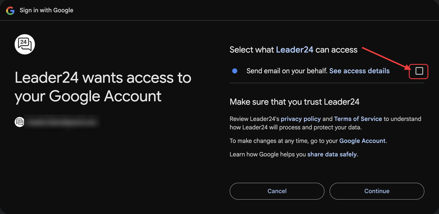 Google authorization screen