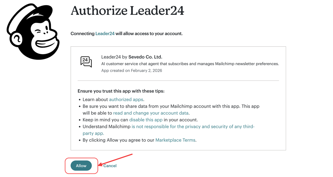 Schermata di autorizzazione Mailchimp