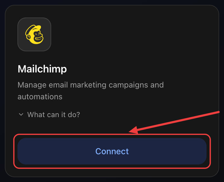 Card Mailchimp nella tab Integrazioni