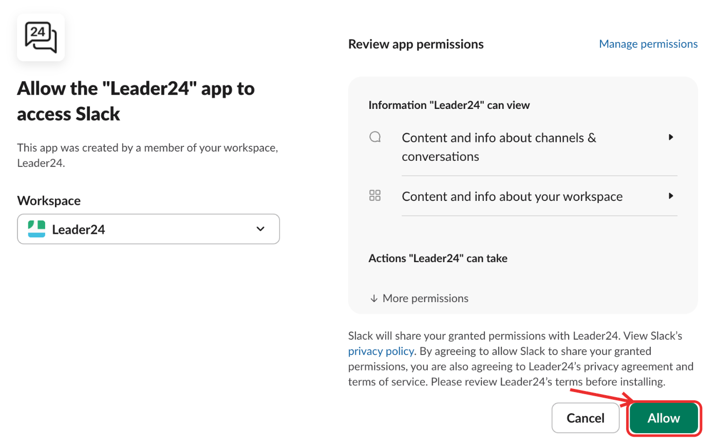 Pantalla de autorización de Slack